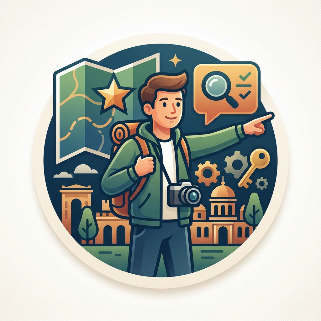 Traveler with backpack and camera pointing, with map and city landmarks in background
