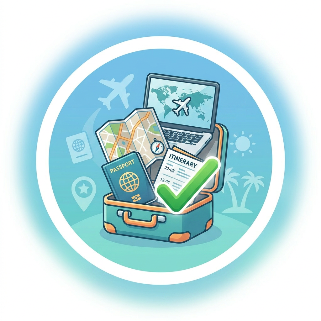 Suitcase with map, passport, itinerary, and laptop showing a world map with an airplane icon
